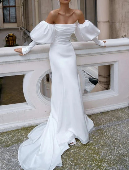 Hall Casual Wedding Dresses Mermaid / Trumpet Off Shoulder Long Sleeve Court Train Satin Bridal Gowns With Ruched