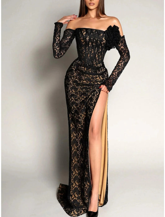 A-Line Evening Gown Elegant Dress Formal Sweep / Brush Train Black Dress Long Sleeve Off Shoulder Lace with Slit Shouder Flower