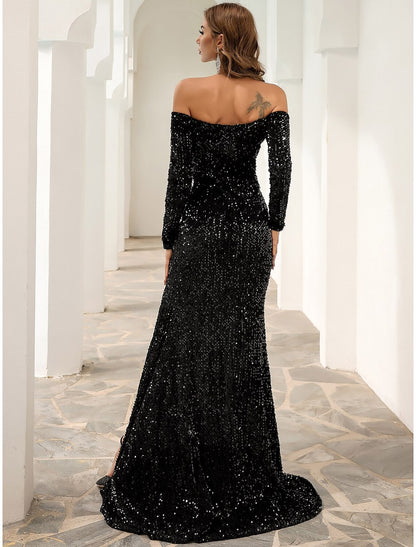 A-Line Evening Gown Sparkle & Shine Dress Formal Sweep / Brush Train Long Sleeve Off Shoulder Velvet with Sequin Slit