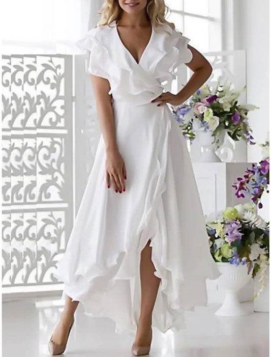 A-Line Mother of the Bride Dress Fall Wedding Guest Elegant High Low V Neck Asymmetrical Chiffon Short Sleeve with Ruffles
