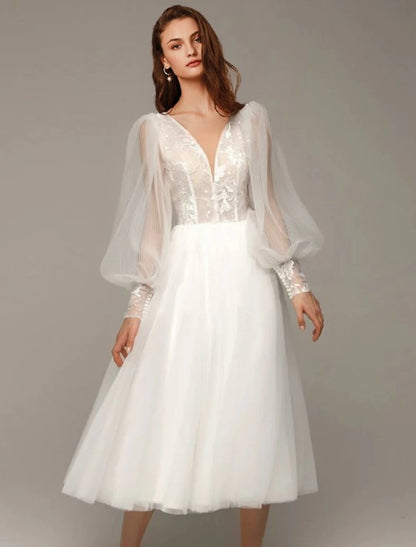 Hall Vintage 1940s / 1950s Little White Dresses Wedding Dresses A-Line V Neck Long Sleeve Tea Length Satin Bridal Gowns With Appliques