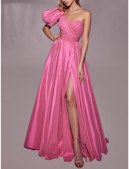A-Line Evening Gown Elegant Dress Formal Sweep / Brush Train Short Sleeve One Shoulder Satin with Pleats Ruched Slit