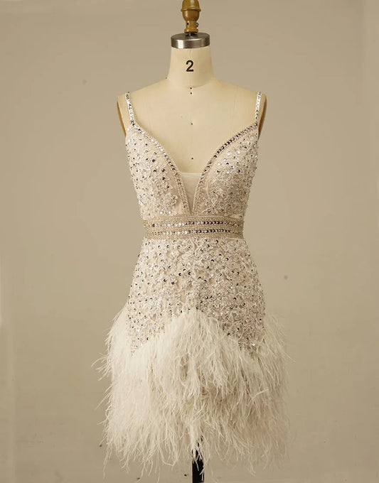 AerbaDress Gorgeous White Spaghetti Straps Beaded Homecoming Dress With Feather