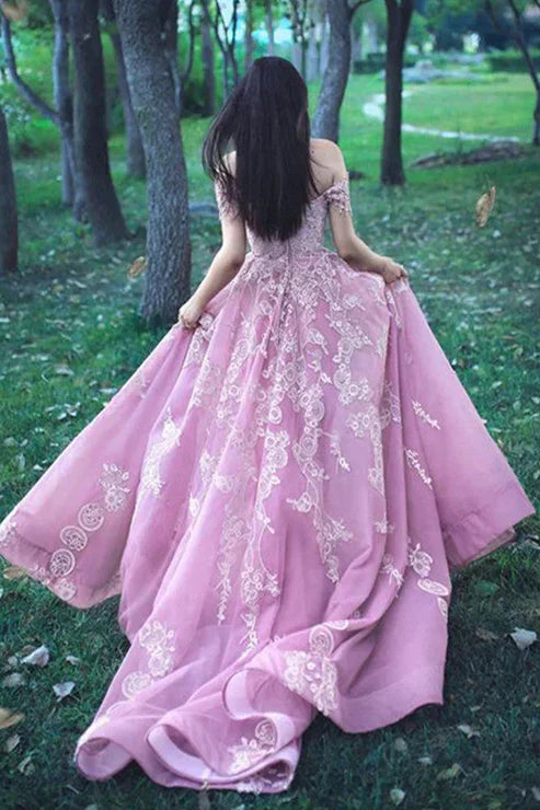 AerbaDress Fashion Evening Dress Off The Shoulder Tulle Prom Dresses Ball Gown With Lace Appliques