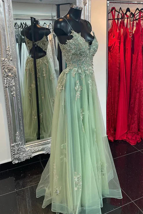 AerbaDress Elegant A Line Mint Green Tulle Prom Dresses With Appliques Evening Dress