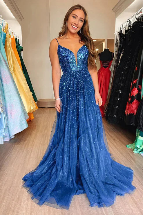 AerbaDress Shiny Blue Evening Dress Tulle Formal Prom Dresses With Sequins