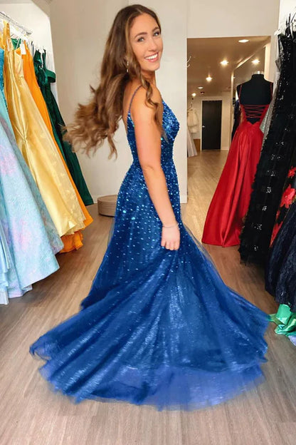 AerbaDress Shiny Blue Evening Dress Tulle Formal Prom Dresses With Sequins