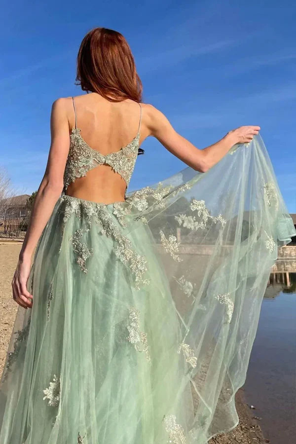 A-line Mint Green Long Cheap Prom Dresses Beading Tulle Evening Dress DMS99 main image 1