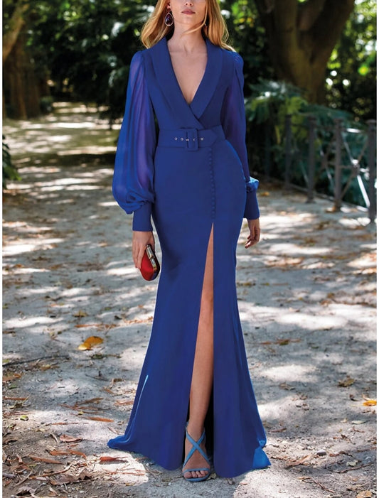 A-Line Evening Gown Elegant Dress Formal Sweep / Brush Train Long Sleeve V Neck Stretch Fabric with Buttons