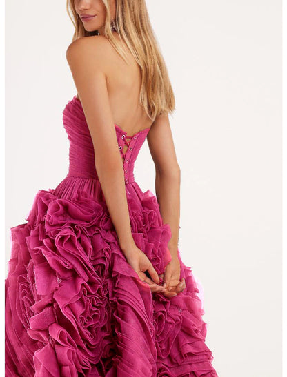 A-Line Prom Dresses Floral Dress Masquerade Ankle Length Sleeveless Strapless Tulle Backless with Floral