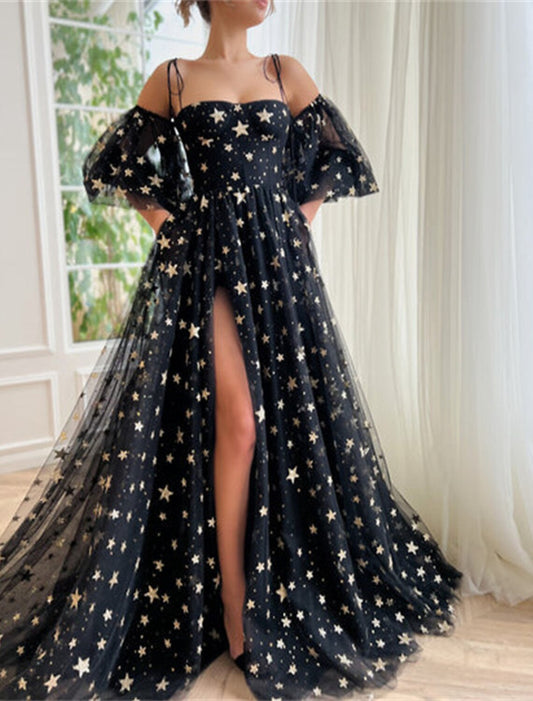 A-Line Prom Dresses Sparkle & Shine Dress Wedding Party Birthday Sweep / Brush Train Half Sleeve Off Shoulder Tulle with Sequin Slit