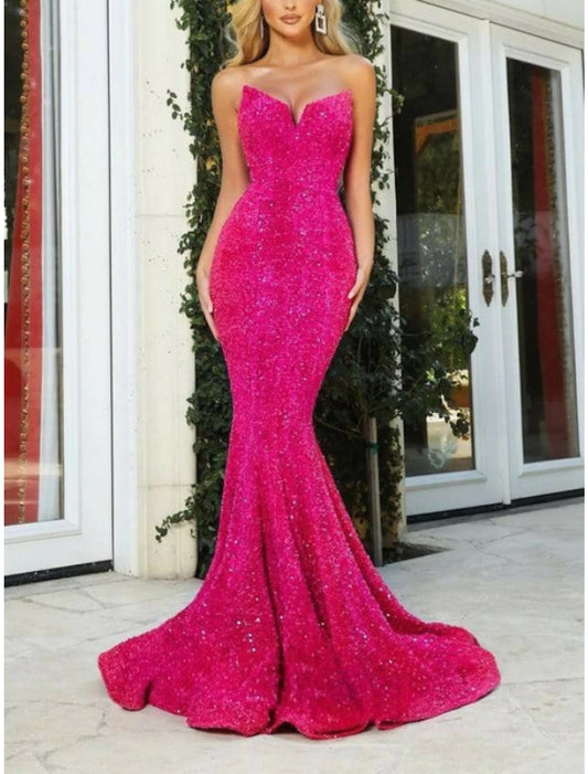 Mermaid / Trumpet Evening Gown Celebrity Style Dress Formal Sweep / Brush Train Sleeveless Sweetheart Sequined with Pleats