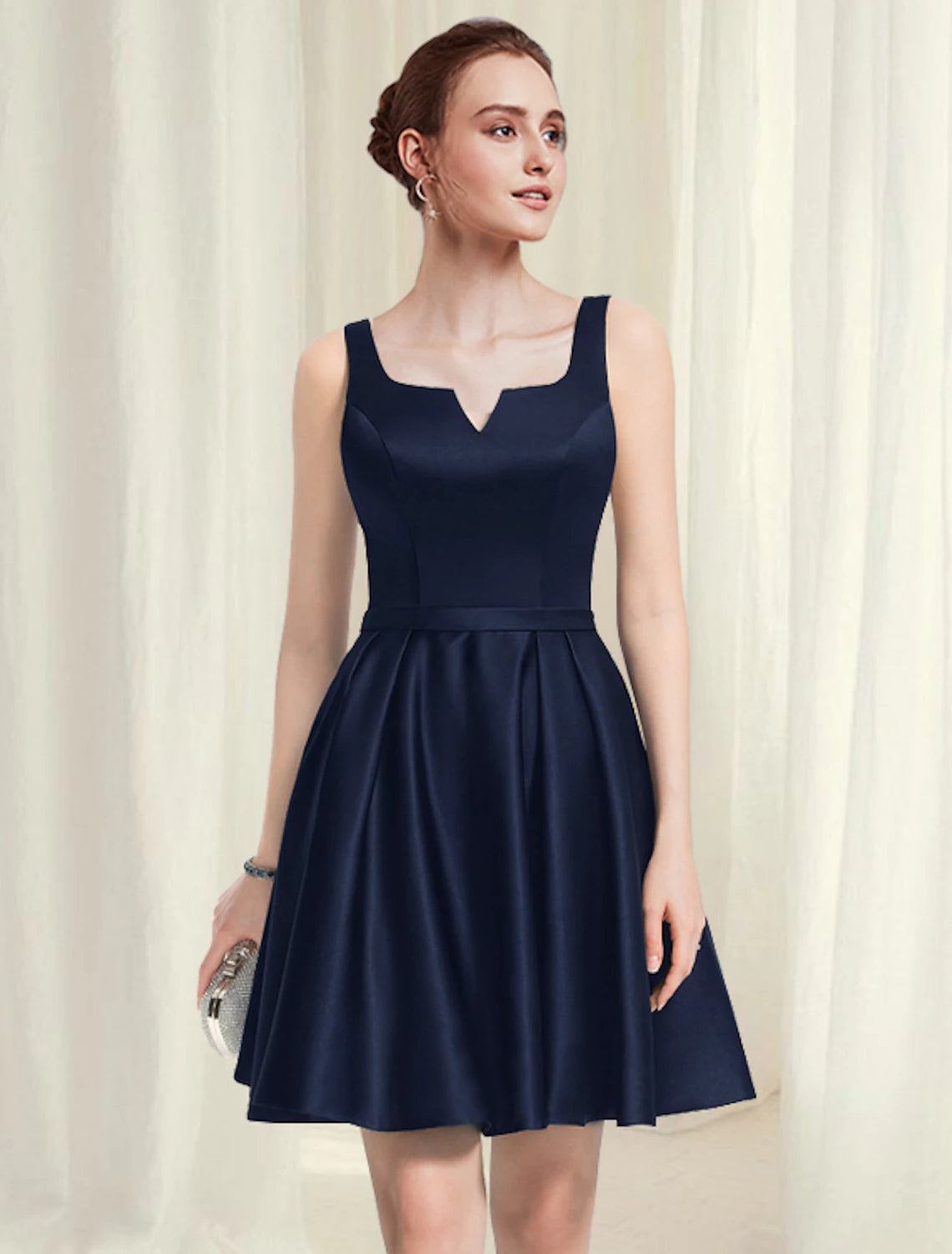 A-Line Cocktail Dresses Black Dress Homecoming Party Wear Short / Mini Sleeveless Scoop Neck Satin with Pleats