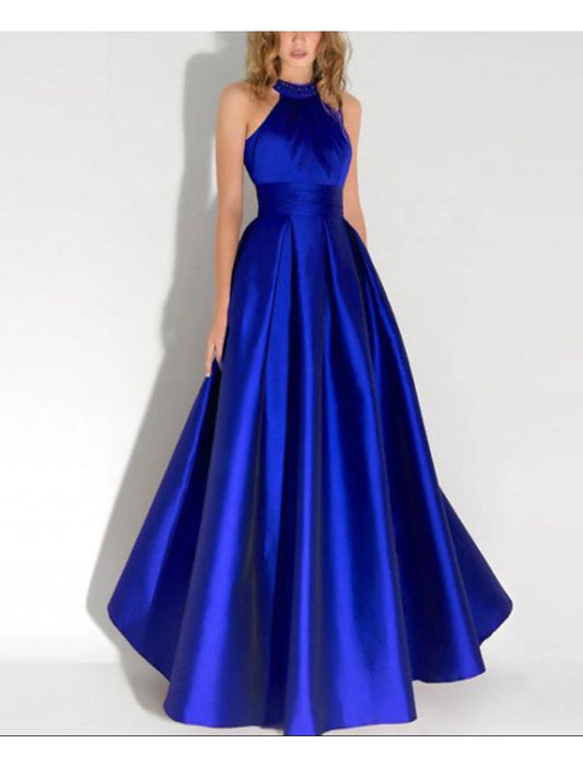 Ball Gown A-Line Evening Gown Minimalist Dress Party Wear Wedding Party Floor Length Sleeveless Jewel Neck Italy Satin Backless with Sleek Ruched Beading