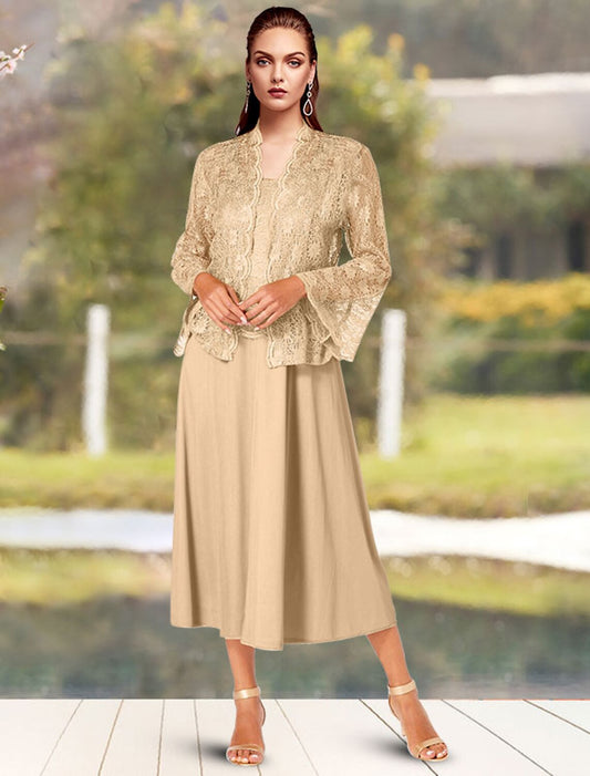 Two Piece A-Line Mother of the Bride Dress Church Elegant Square Neck Spaghetti Strap Tea Length Chiffon Lace Sleeveless Short Jacket Dresses