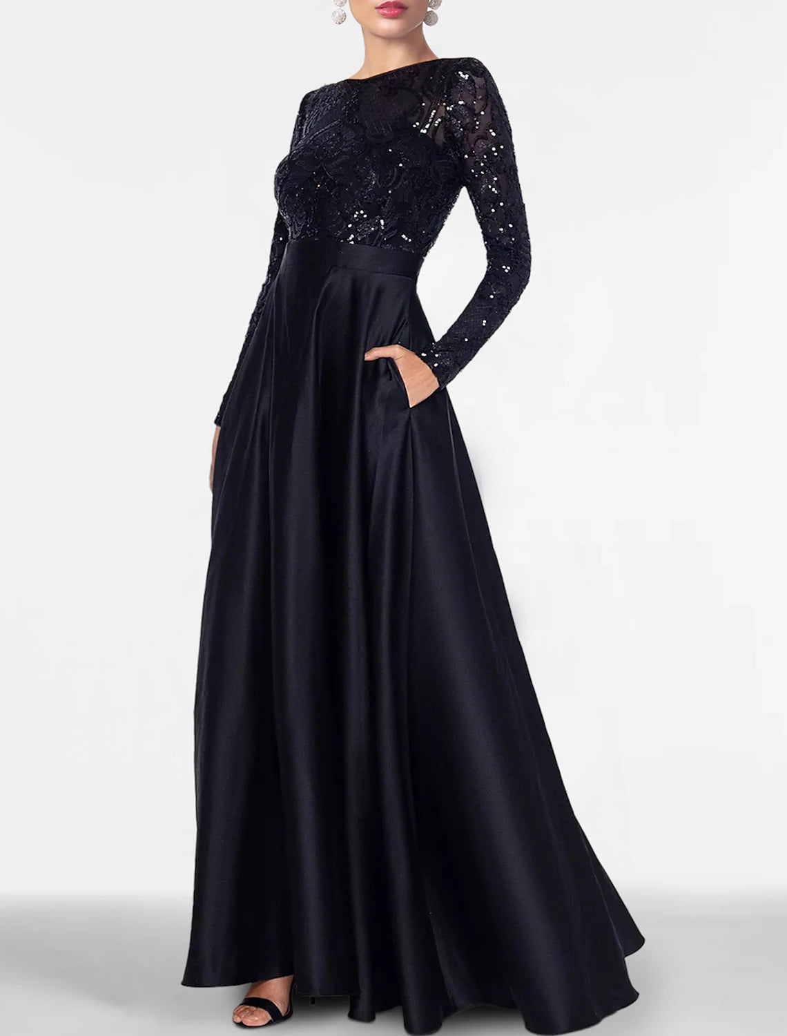 A-Line Evening Gown Elegant Dress Formal Black Tie Floor Length Long Sleeve Off Shoulder Fall Wedding Guest Satin with Slit Pocket