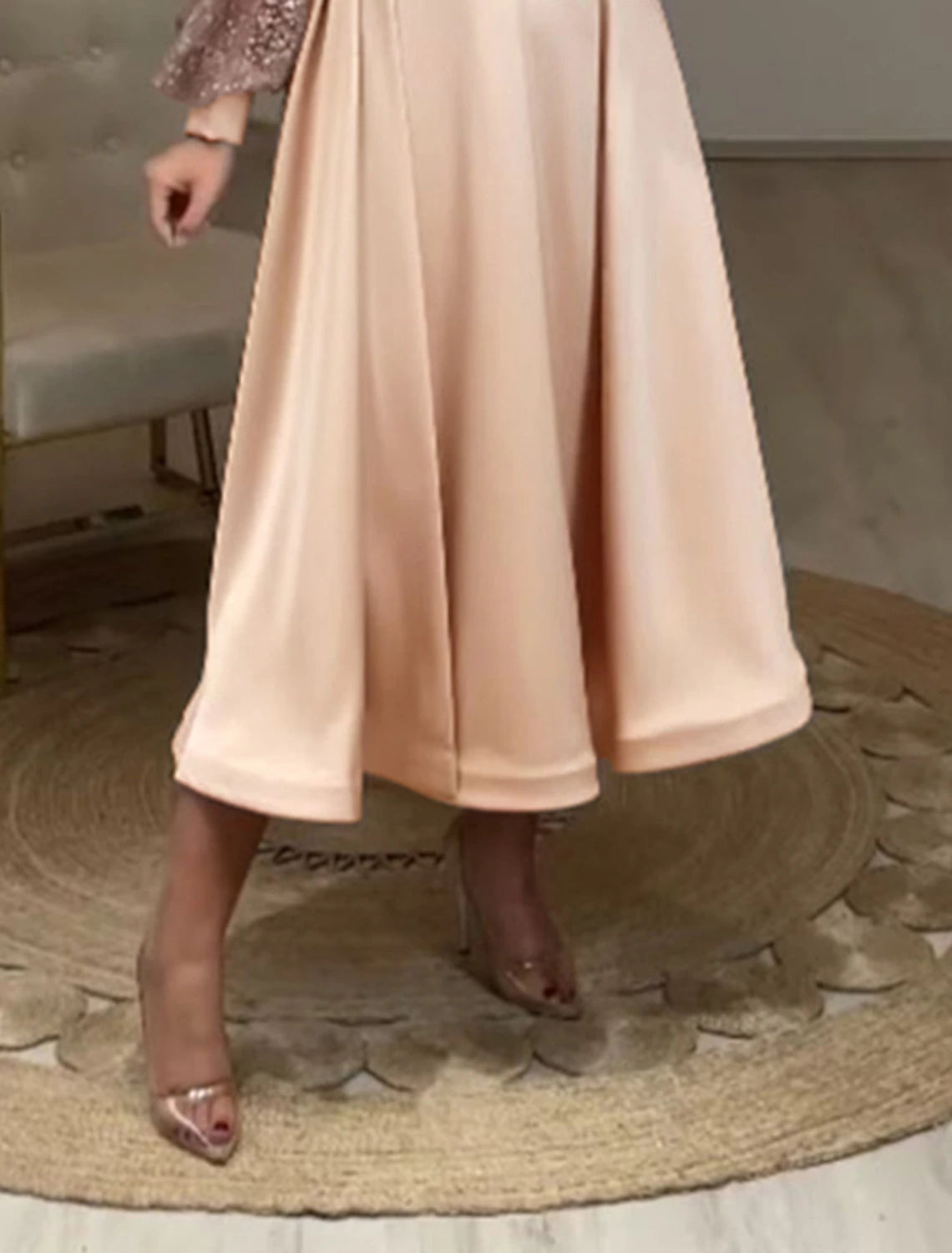 A-Line Cocktail Dresses Elegant Dress Party Wear Wedding Guest Tea Length Long Sleeve V Neck Fall Wedding Guest Satin with Ruched