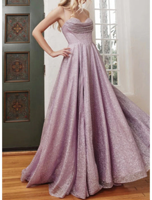 A-Line Prom Dresses Glittering Dress Formal Evening Party Sweep / Brush Train Sleeveless Cowl Neck Tulle with Glitter Slit