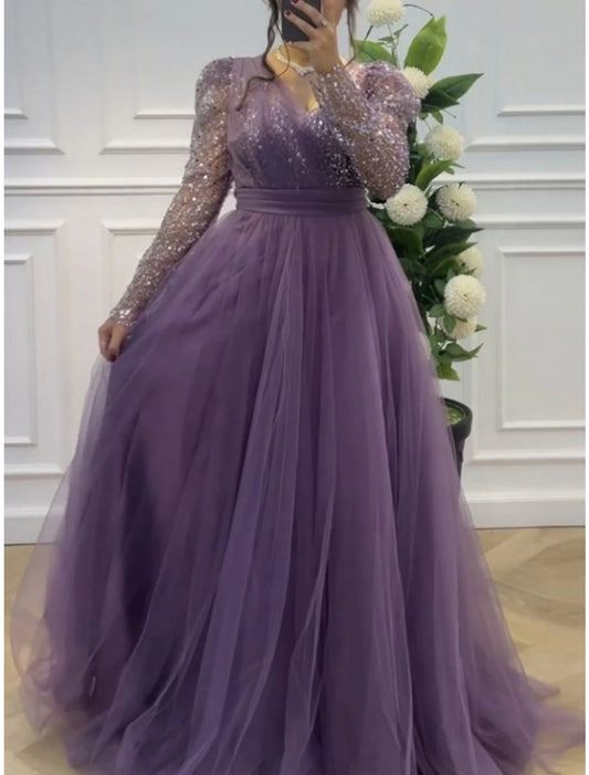 A-Line Prom Dresses Elegant Dress Formal Sweep / Brush Train Long Sleeve V Neck Tulle with Glitter Pleats