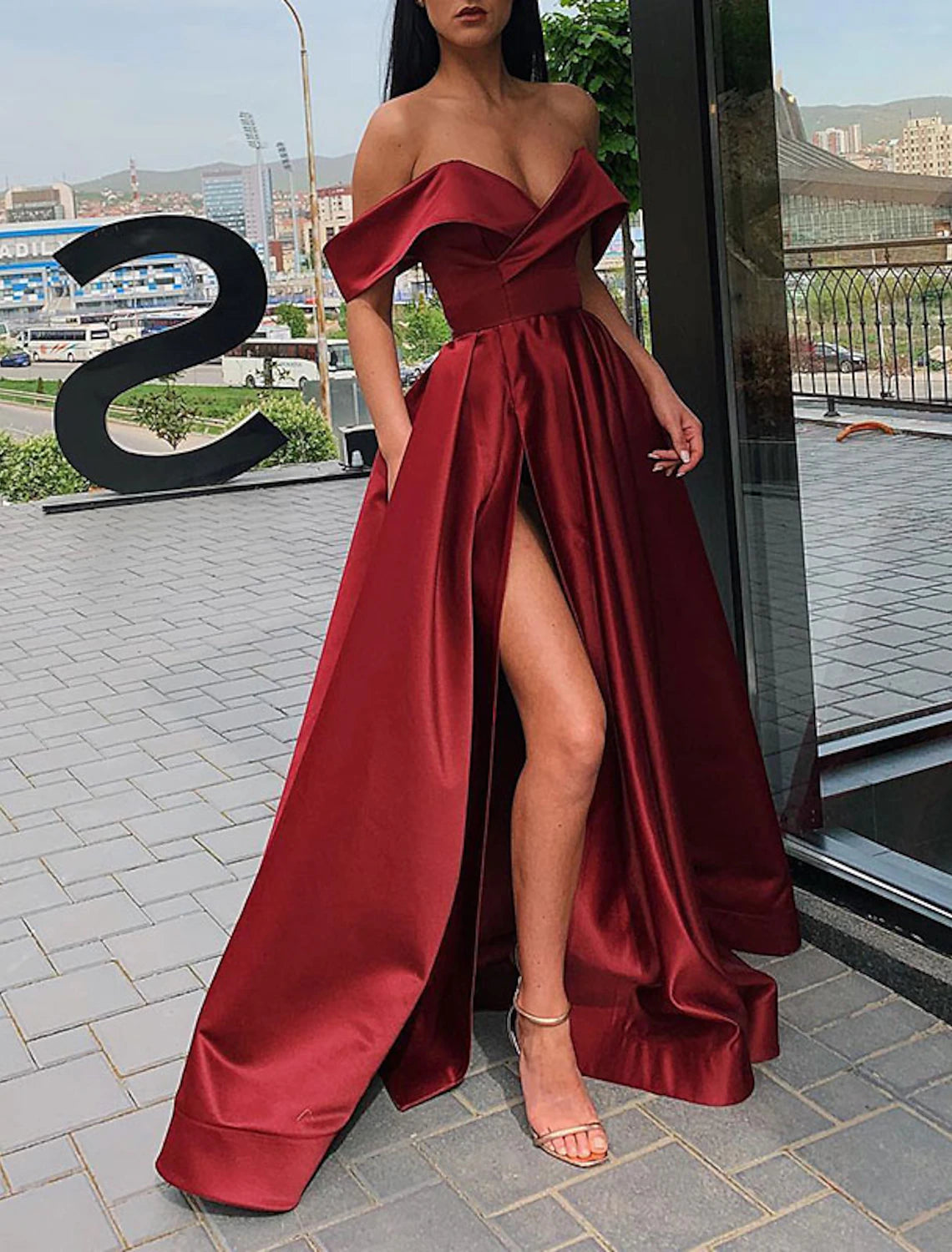 A-Line Evening Gown Celebrity Style Dress Prom Floor Length Short Sleeve V Neck Fall Wedding Guest Satin