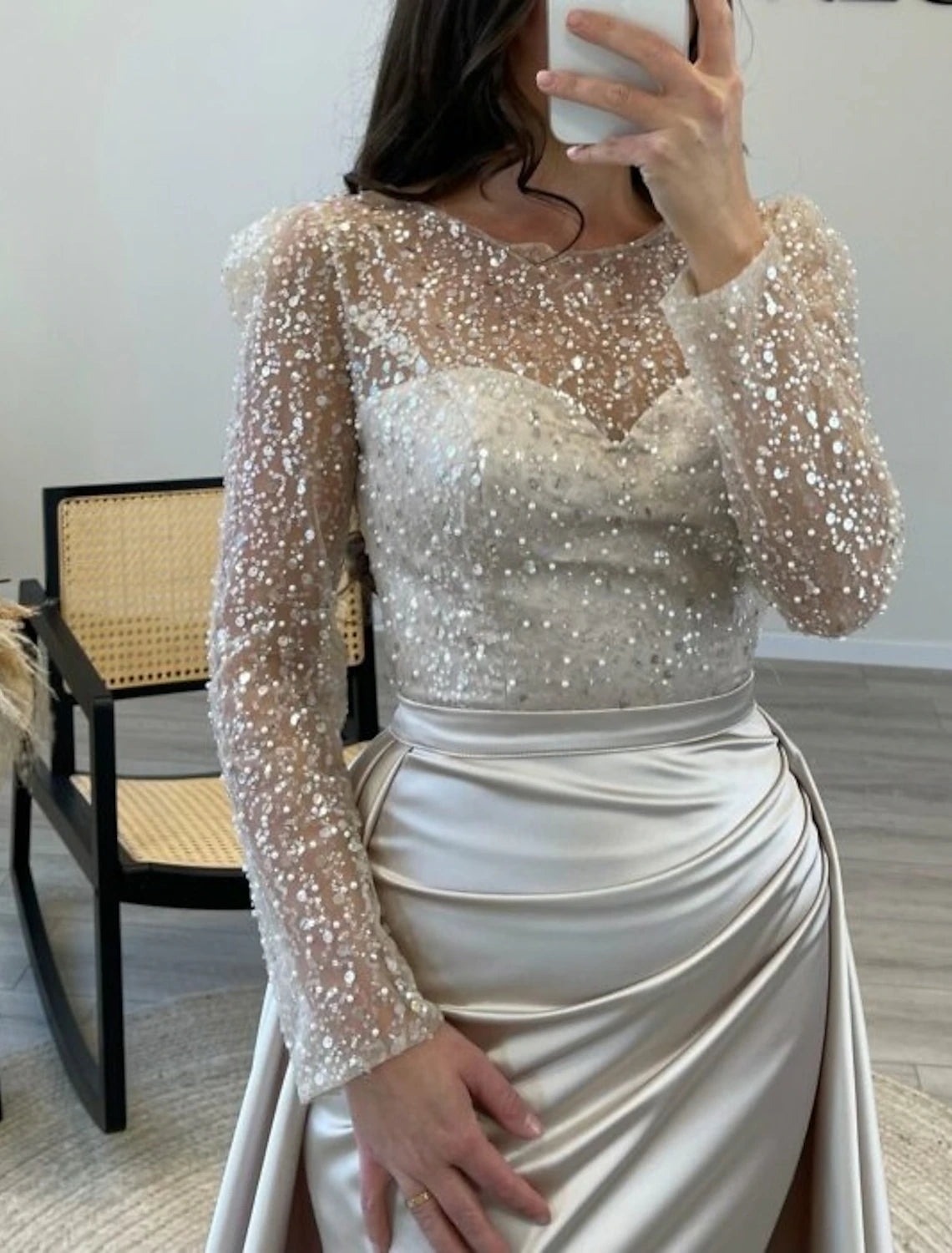 Mermaid Sequin Evening Gown Ruched Satin Dress Long Sleeves Floor Length Sparkle Illusion Neck Fall Wedding Guest Dress with Pearls Overskirt