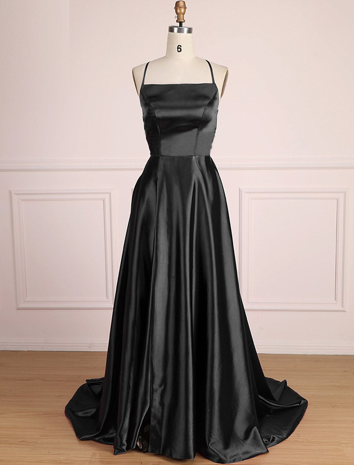 A-Line Prom Dresses Minimalist Dress Party Wear Prom Sweep / Brush Train Sleeveless Spaghetti Strap Satin with Pleats