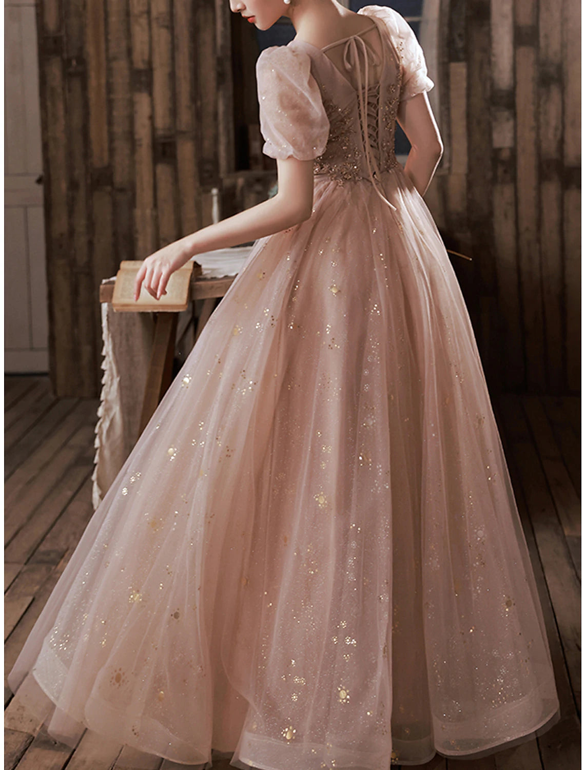A-Line Prom Dresses Sparkle & Shine Dress Engagement Prom Floor Length Half Sleeve Square Neck Satin with Appliques