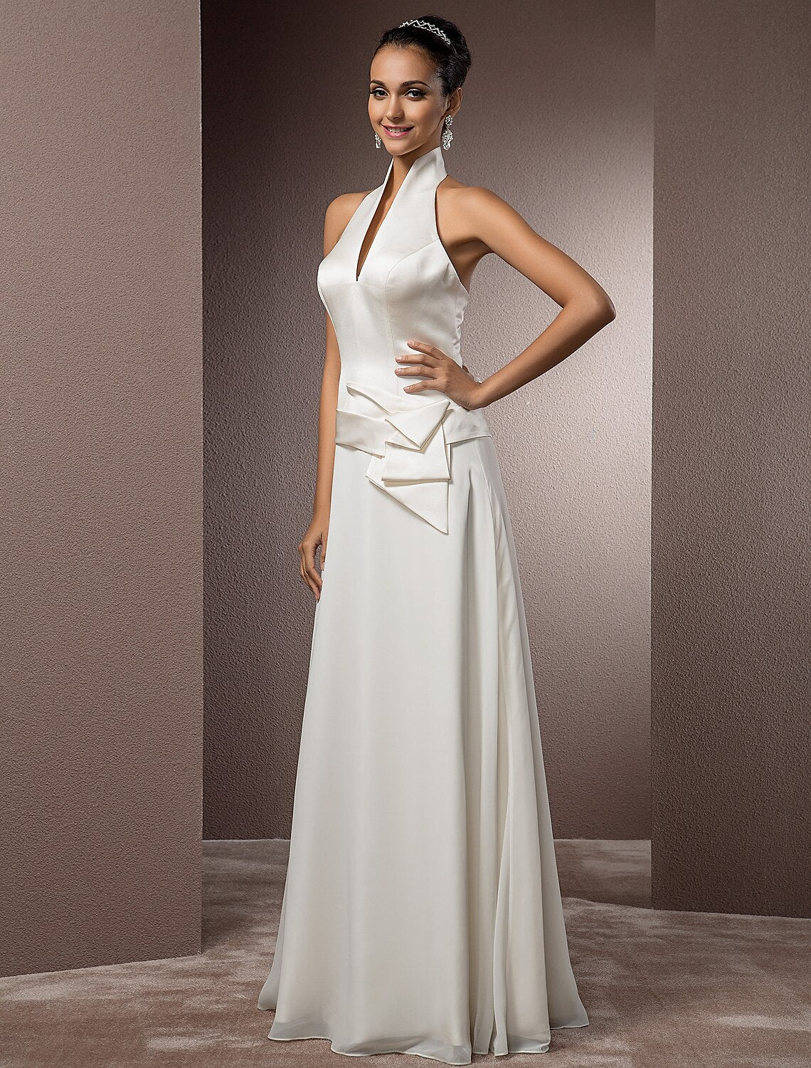 Hall Wedding Dresses Sheath / Column Halter Sleeveless Floor Length Satin Bridal Gowns With Sash / Ribbon