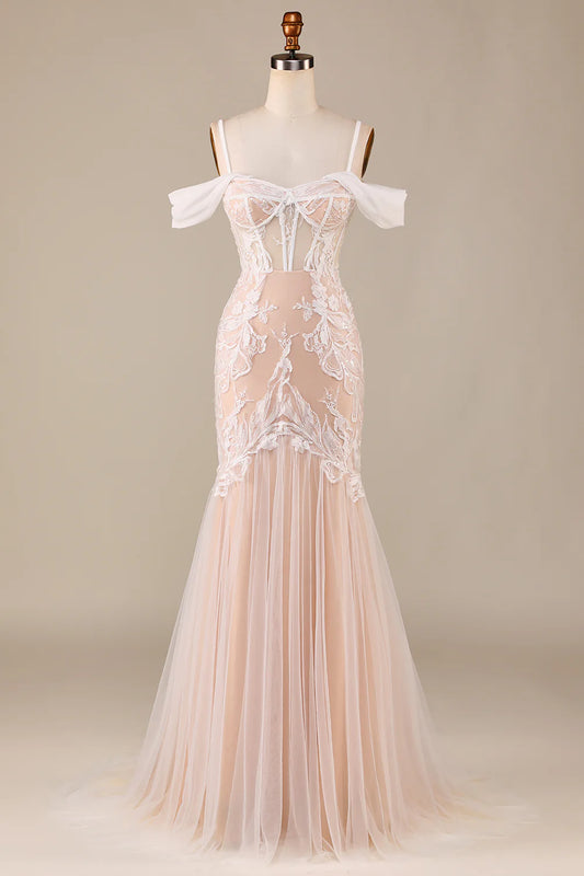 AerbaDress Champagne Mermaid Long Wedding Dress with Lace