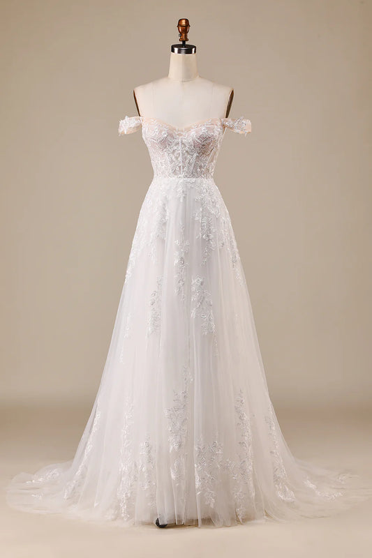 AerbaDress Ivory Detachable Off the Shoulder Corset Tulle Wedding Dress