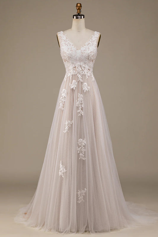 AerbaDress Apricot Tulle Sweep Train Wedding Dress with Lace