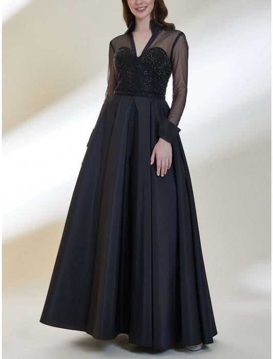 A-Line Mother of the Bride Dress Wedding Guest Elegant V Neck Floor Length Satin Long Sleeve with Sequin Ruching