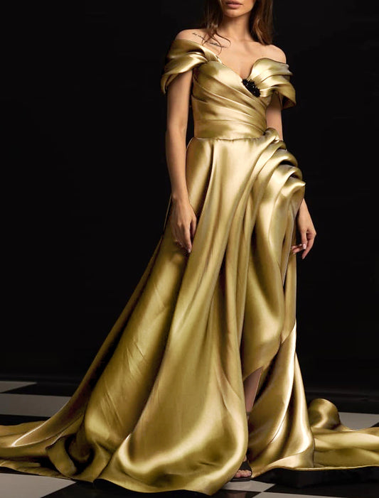 A-Line Evening Gown Sparkle & Shine Dress Formal Wedding Reception Chapel Train Sleeveless Off Shoulder Satin with Ruched