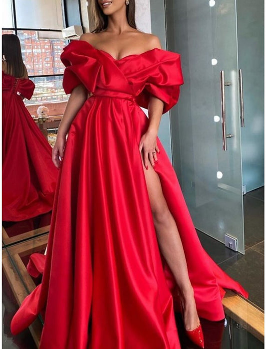 Sheath Evening Gown Party Dress Christmas Red Green Dress Black Tie Gala Sweep / Brush Train Half Sleeve Off Shoulder Satin with Ruched