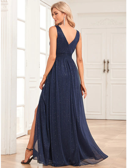 A-Line Evening Gown Empire Dress Party Wear Floor Length Sleeveless V Neck Spandex V Back with Glitter