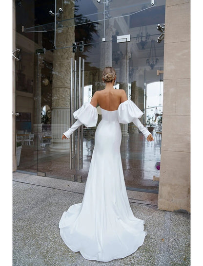 Hall Casual Wedding Dresses Mermaid / Trumpet Off Shoulder Long Sleeve Court Train Satin Bridal Gowns With Ruched