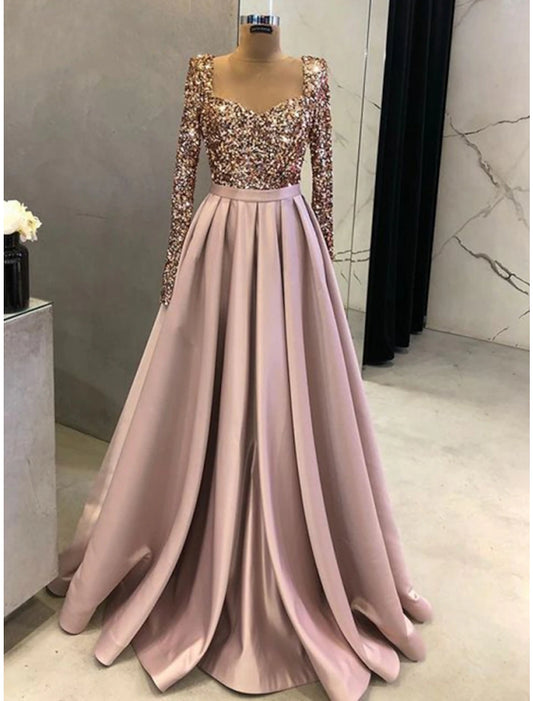 A-Line Evening Gown Sparkle & Shine Black Dress Formal Fall Sweep / Brush Train Long Sleeve Square Neck Satin with Glitter Pleats