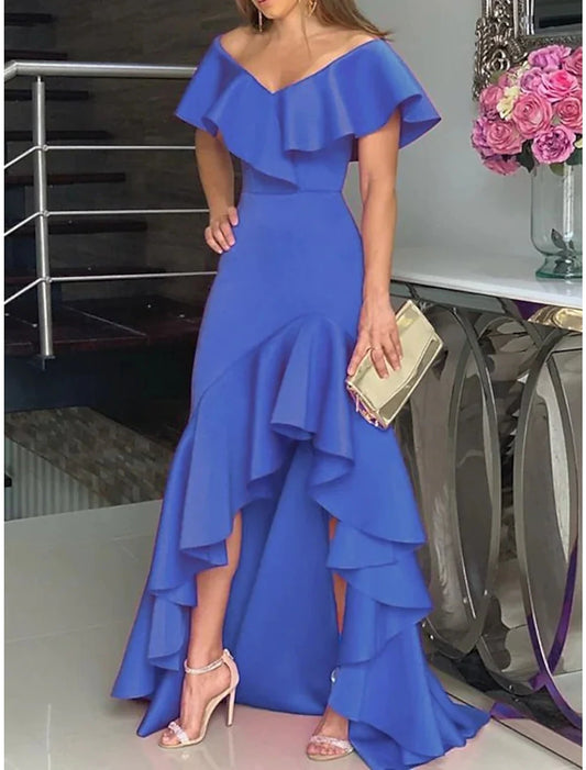 A-Line Wedding Guest Dresses Minimalist Dress Wedding Party Semi Formal Asymmetrical Sleeveless V Neck Satin with Ruffles