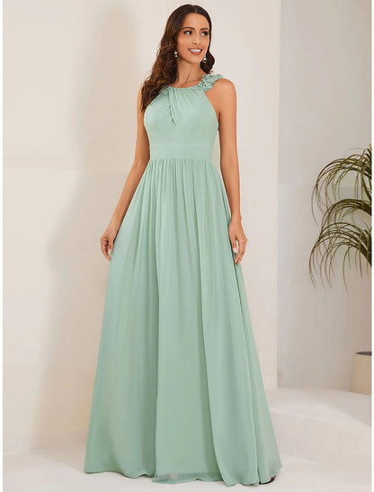 A-Line Wedding Guest Dresses Open Back Dress Formal Black Tie Floor Length Sleeveless Jewel Neck Bridesmaid Dress Chiffon with Pleats Shouder Flower