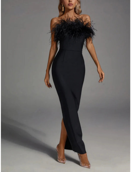 Sheath / Column Black Evening Gowns Elegant Dress Formal Fall Ankle Length Sleeveless Strapless Stretch Fabric with Feather Slit