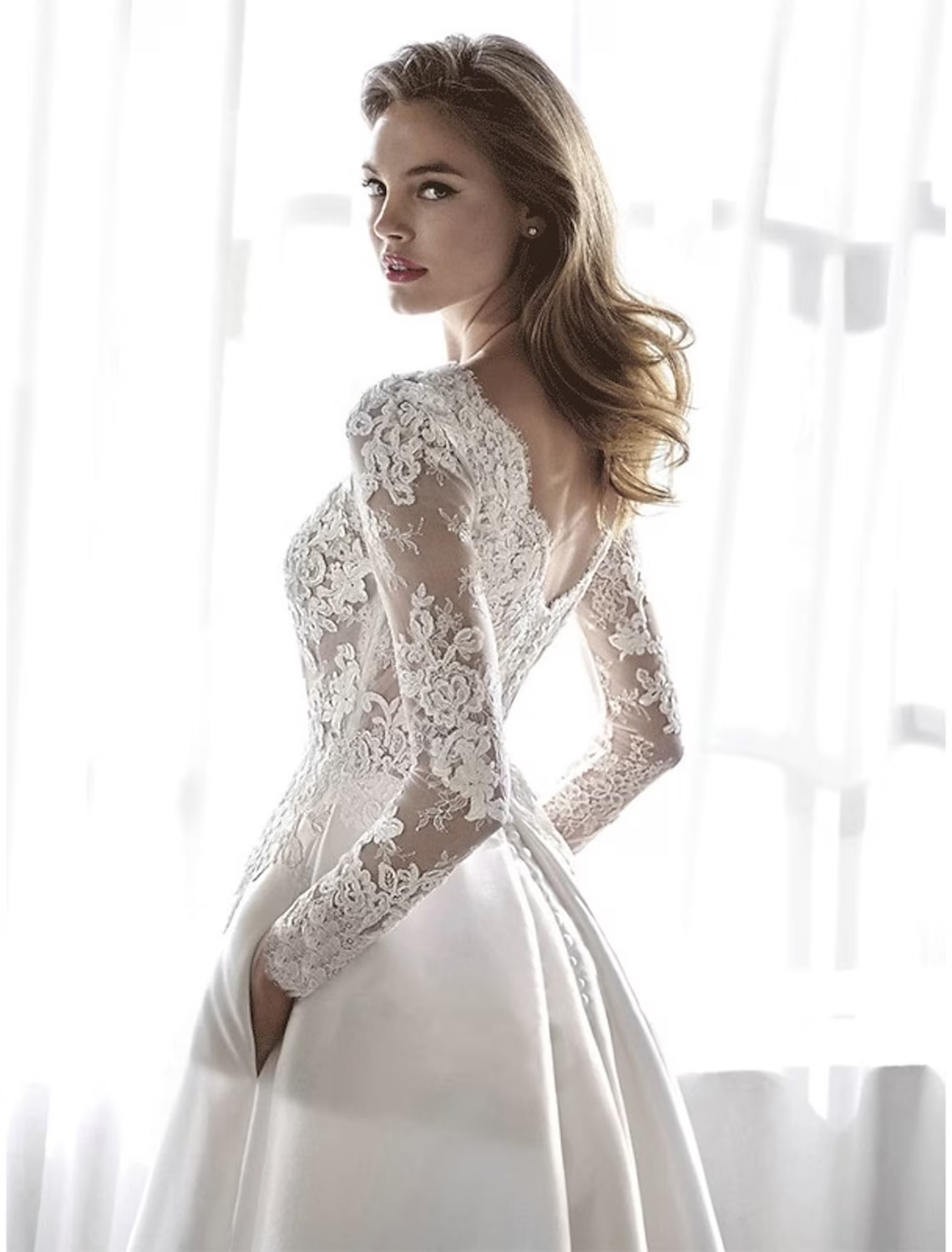 Beach Formal Wedding Dresses Chapel Train A-Line Long Sleeve Jewel Neck Satin With Lace Pleats