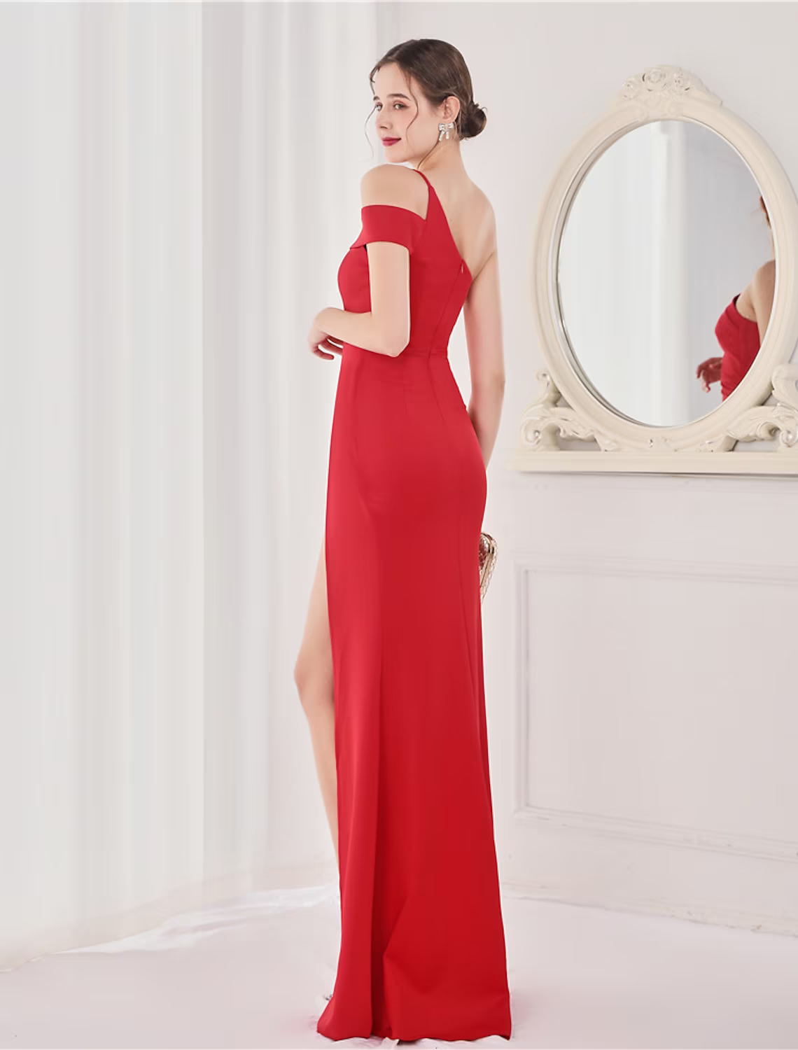 Evening Gown Elegant Dress Wedding Guest Floor Length Sleeveless Strap Satin V Back with Slit