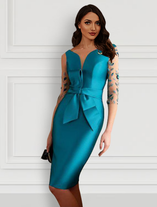 Cocktail Dresses Open Back Dress Formal Knee Length Half Sleeve Jewel Neck Satin with Bow(s) Slit Appliques