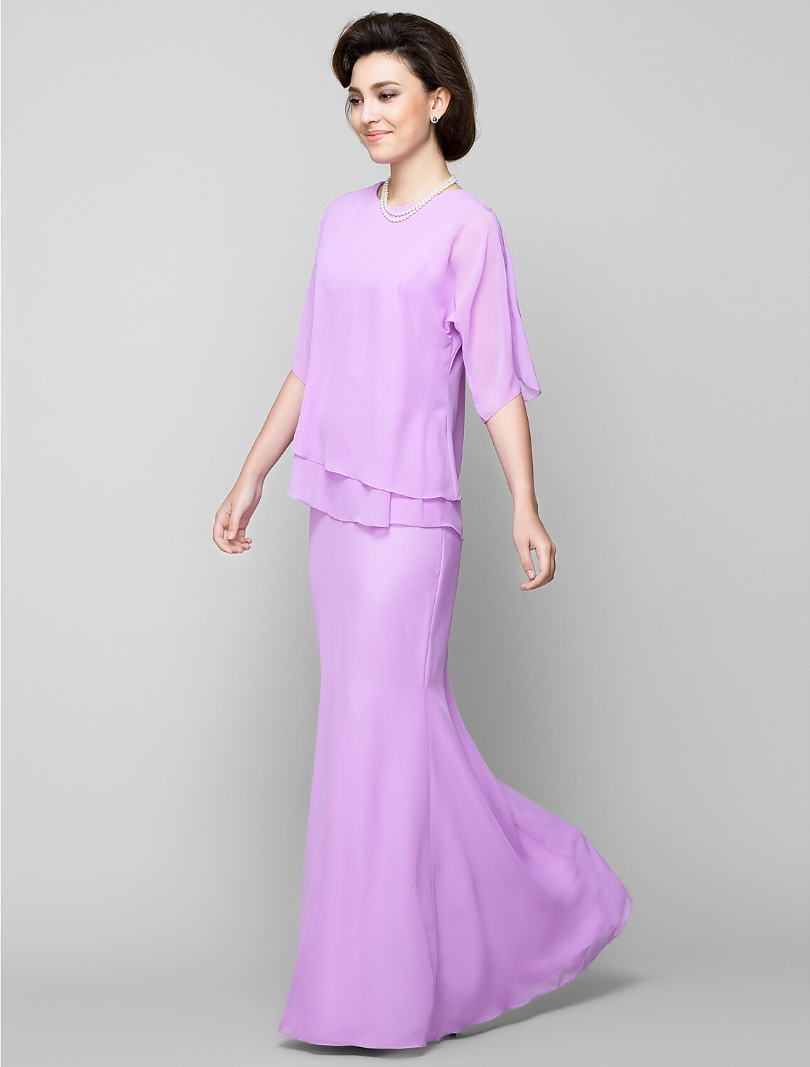 Mother of the Bride Dress Elegant Scoop Neck Floor Length Chiffon Half Sleeve with Pleats