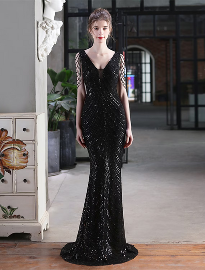 Evening Dresses Elegant Dress Formal Floor Length Sleeveless V Neck Sequined