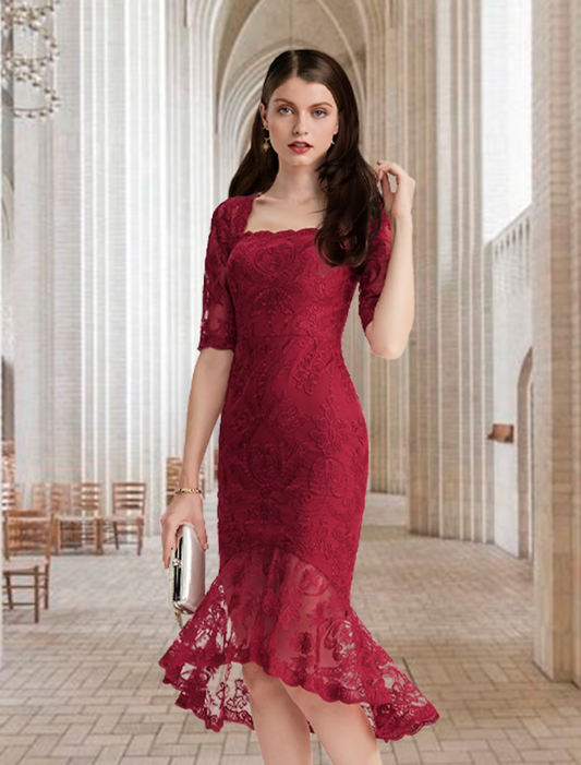 Mother of the Bride Dress Vintage Elegant High Low Square Neck Asymmetrical Lace Half Sleeve with Ruffles Appliques