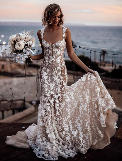 Beach Sexy Boho Wedding Dresses Court Train Sleeveless V Neck Lace With Appliques