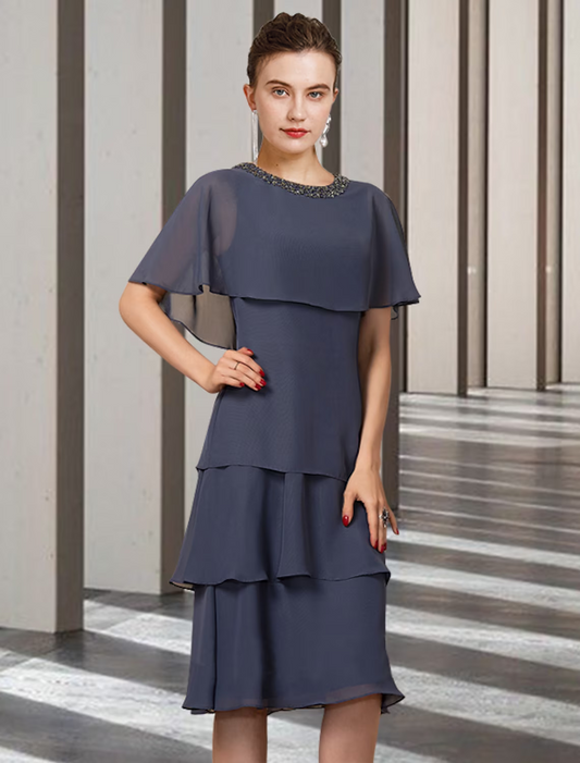 Mother of the Bride Dress Elegant Jewel Neck Knee Length Chiffon Short Sleeve with Beading Ruffles