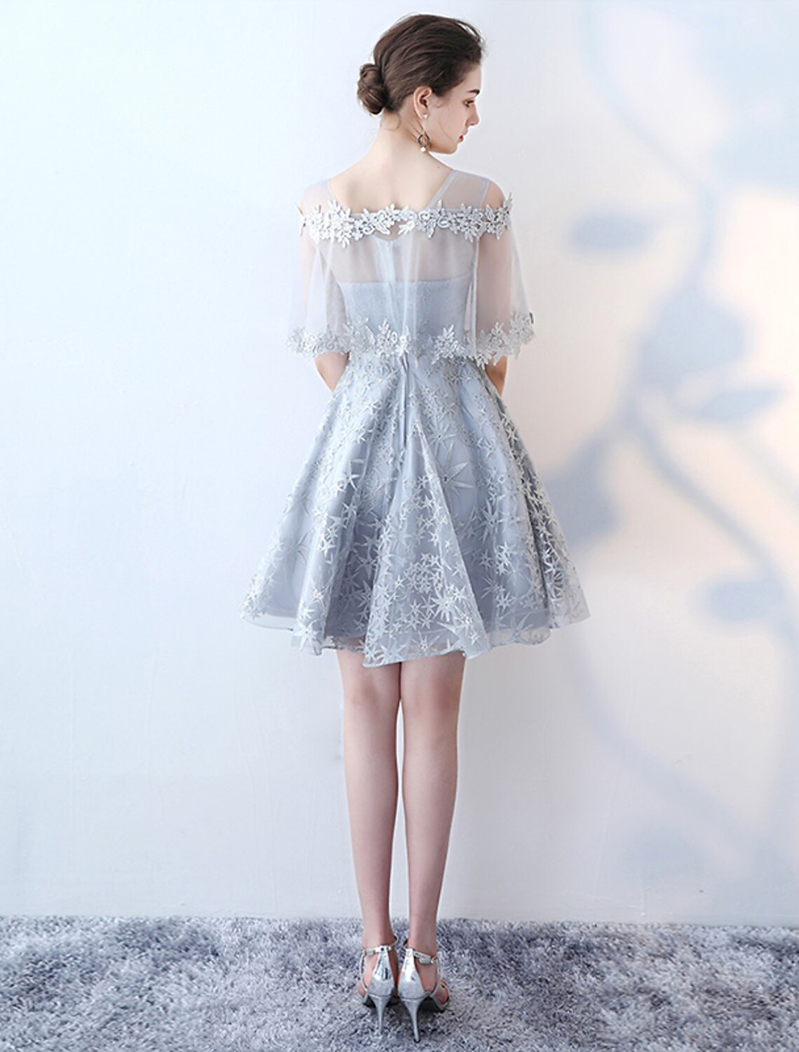 A-Line Elegant Party Wear Cocktail Party Dress Jewel Neck Half Sleeve Short Mini Tulle with Lace Insert Pattern Print