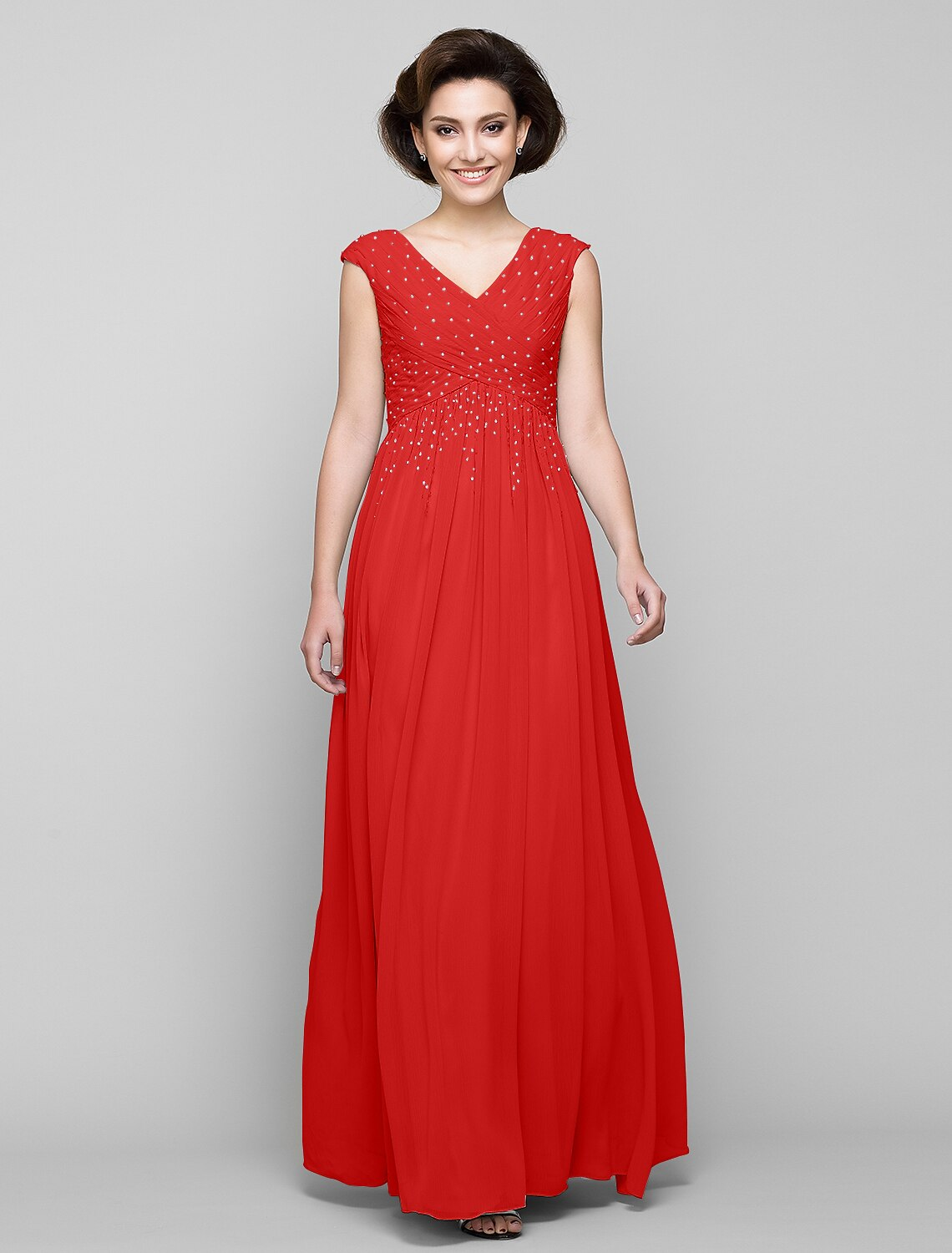 A-Line Mother of the Bride Dress Elegant V Neck Floor Length Chiffon Sleeveless with Cross Beading